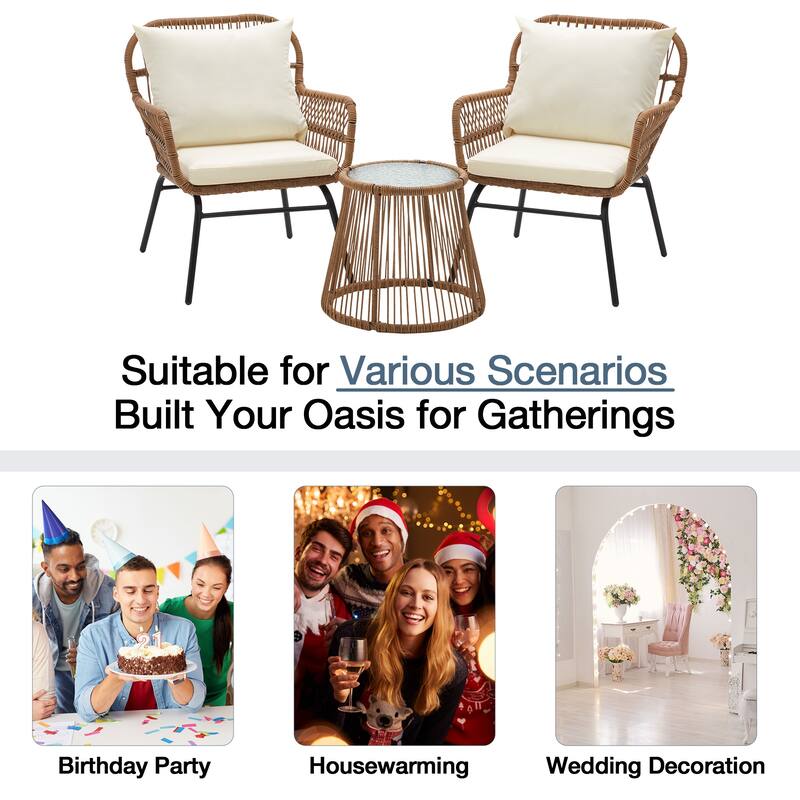 3-Piece Patio Conversation Bistro Set, Outdoor Rattan Furniture Set with Glass Table & 2 Wide Armchairs, Seat Cushions