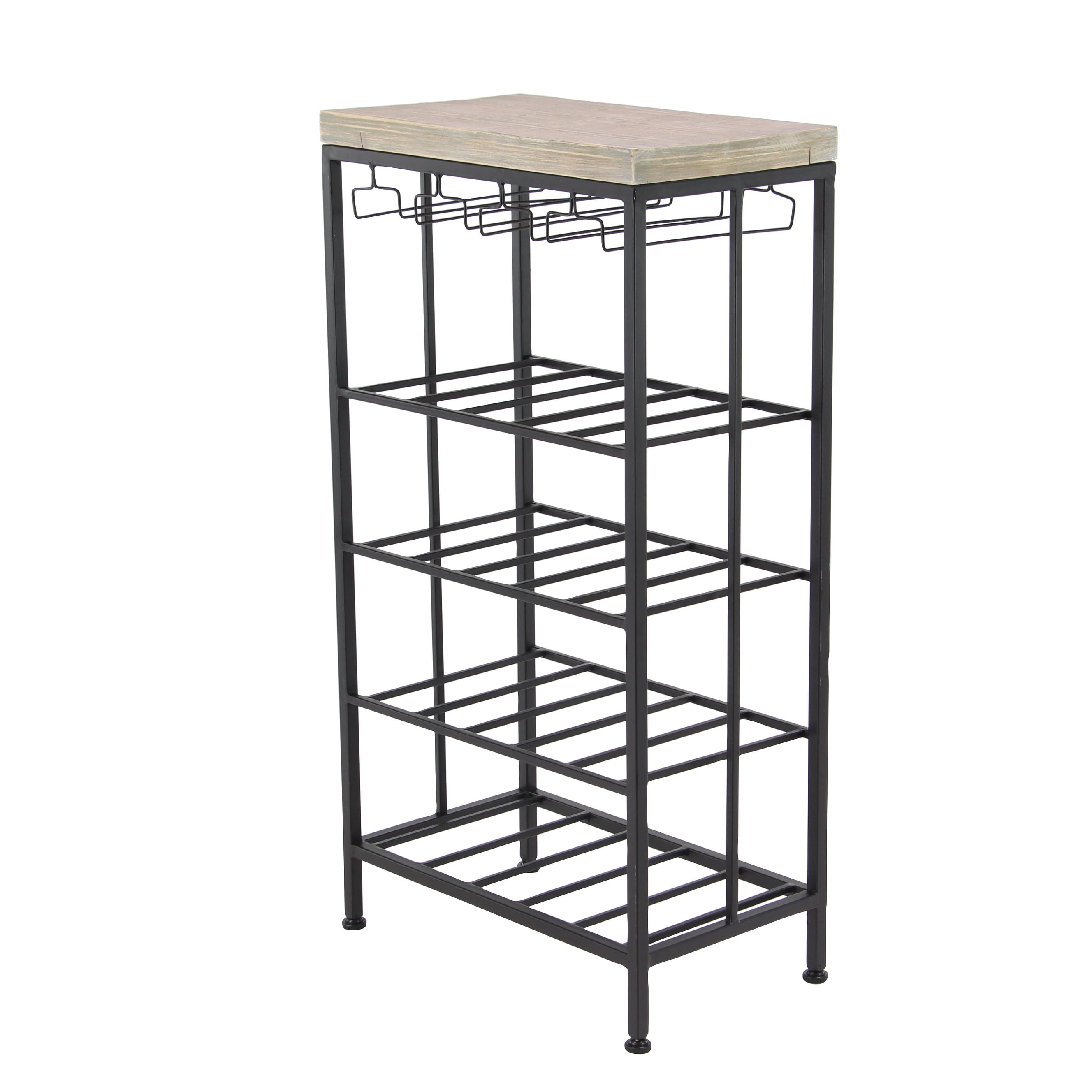 Metal Standing Wine Rack with Brown Wooden Tabletop - Black - Roche River Decor