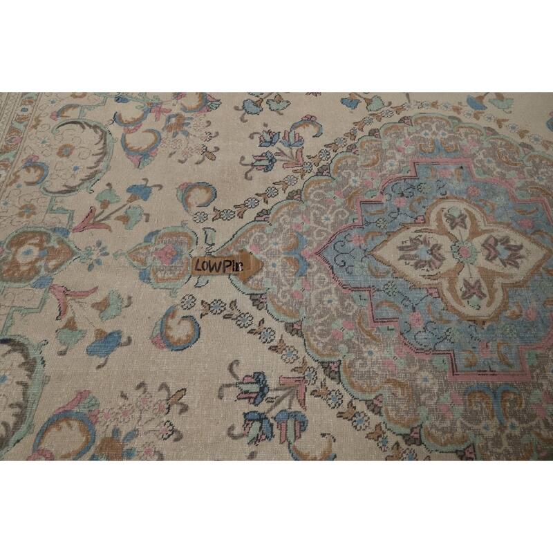 Floral Tabriz Persian Area Rug Oriental Hand-Knotted Beige Wool Carpet - 9'11"x 11'9"