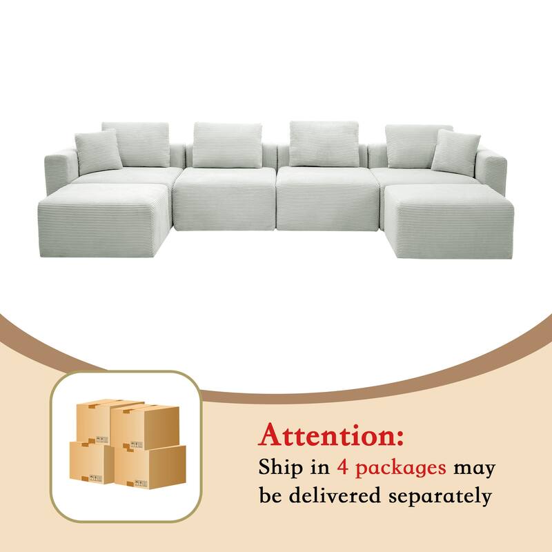 Corduroy Sectional Modular Sofa with Square Arms & Ottoman Extension for Flexible Arrangements