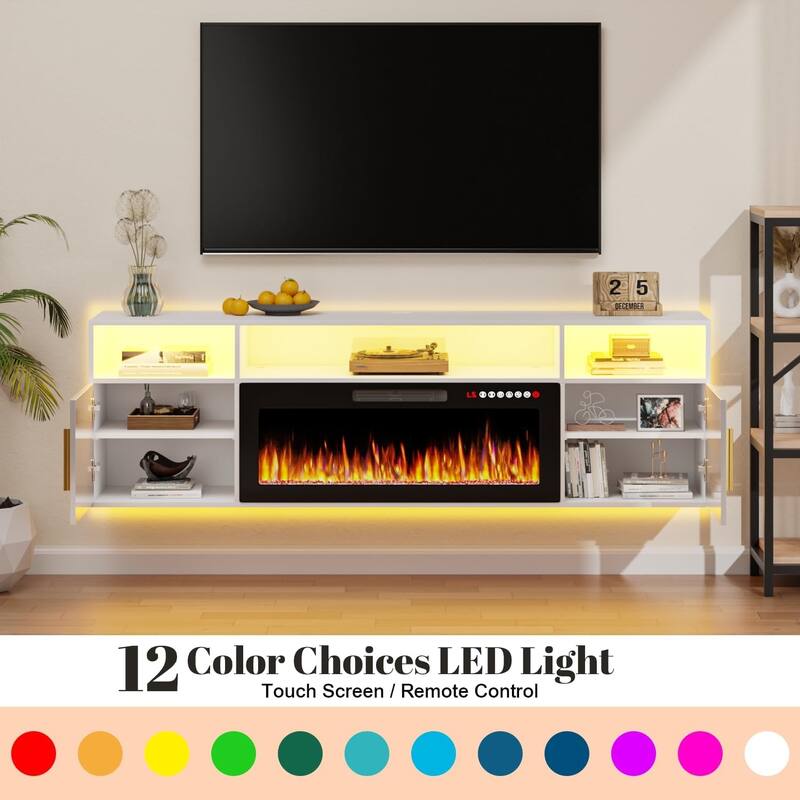 BOSSIN 70" Floating TV Stand with 36" Electric Fireplace, High Gloss Finish Wall Mounted Fireplace TV Stand with Storage