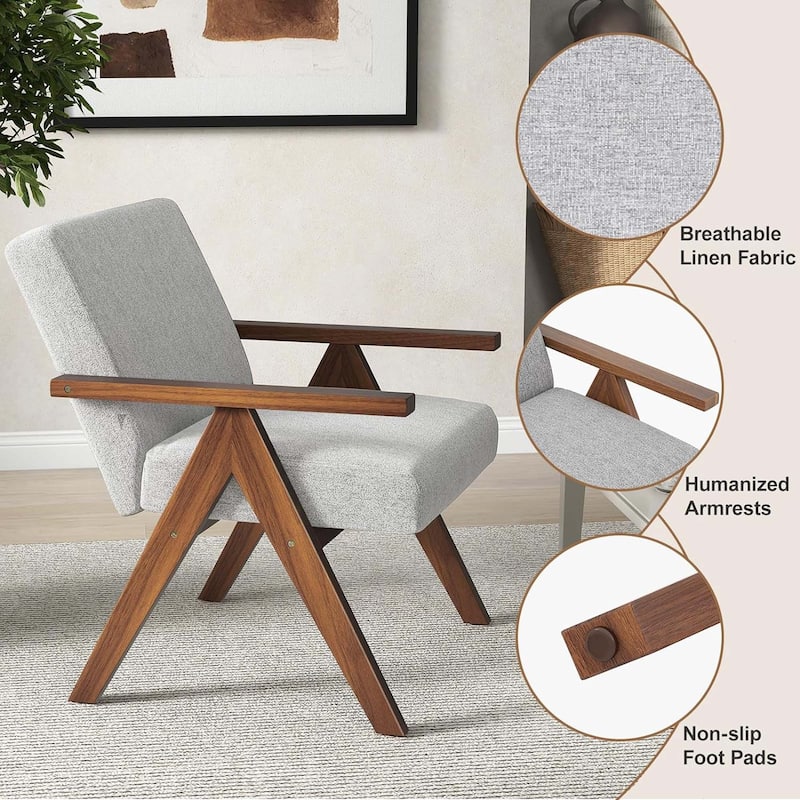 Modern Accent Chair Linen Fabric Armchair w/ Wood Frame Cushions