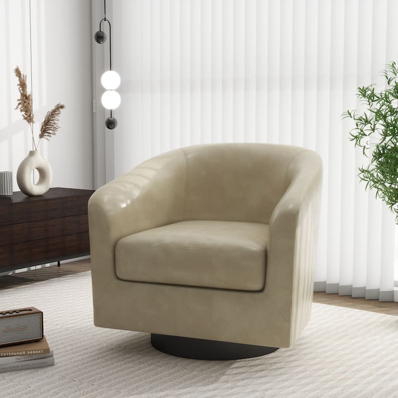 Modern Upholstered Swivel Barrel Club Arm Accent Chair for Living Room - 1 Set - Cream-Faux Leather