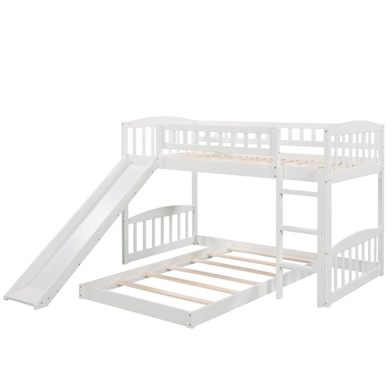 White Twin over Twin Size Solid Wood Bunk Bed with Slide and Ladder for Kids, Boys and Girls, Bedroom