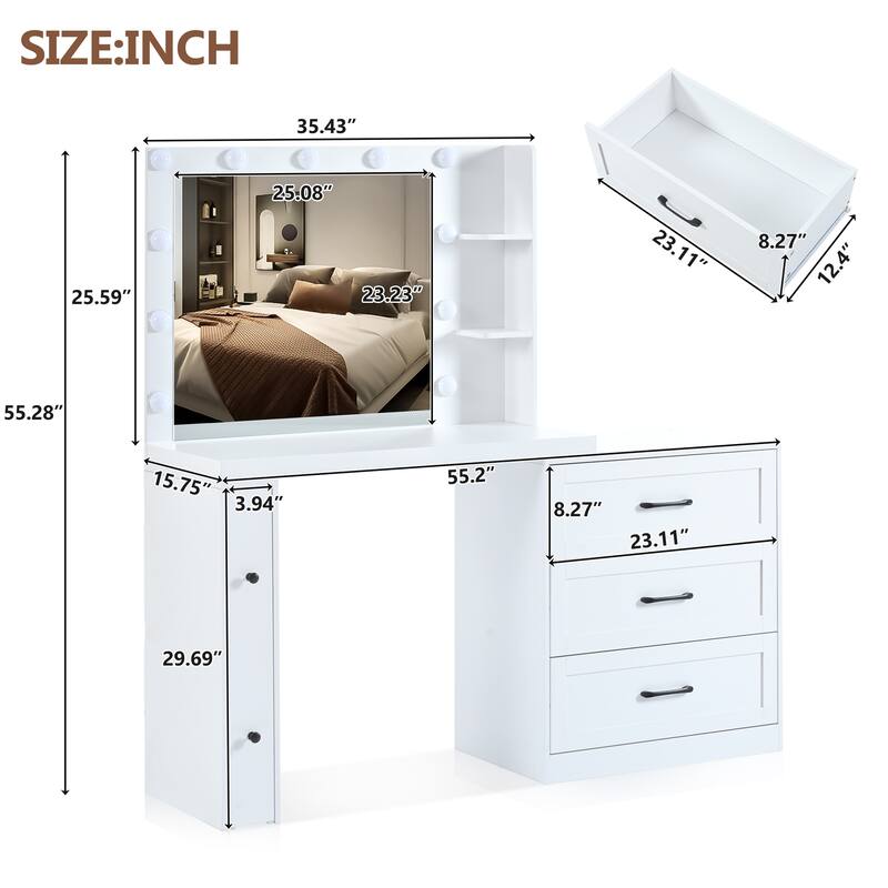 55.2" Vanity Desk with Freely Adjustable Side Cabinet, Makeup Vanity with Hollywood Lights, Bedroom Storage Dressing Table