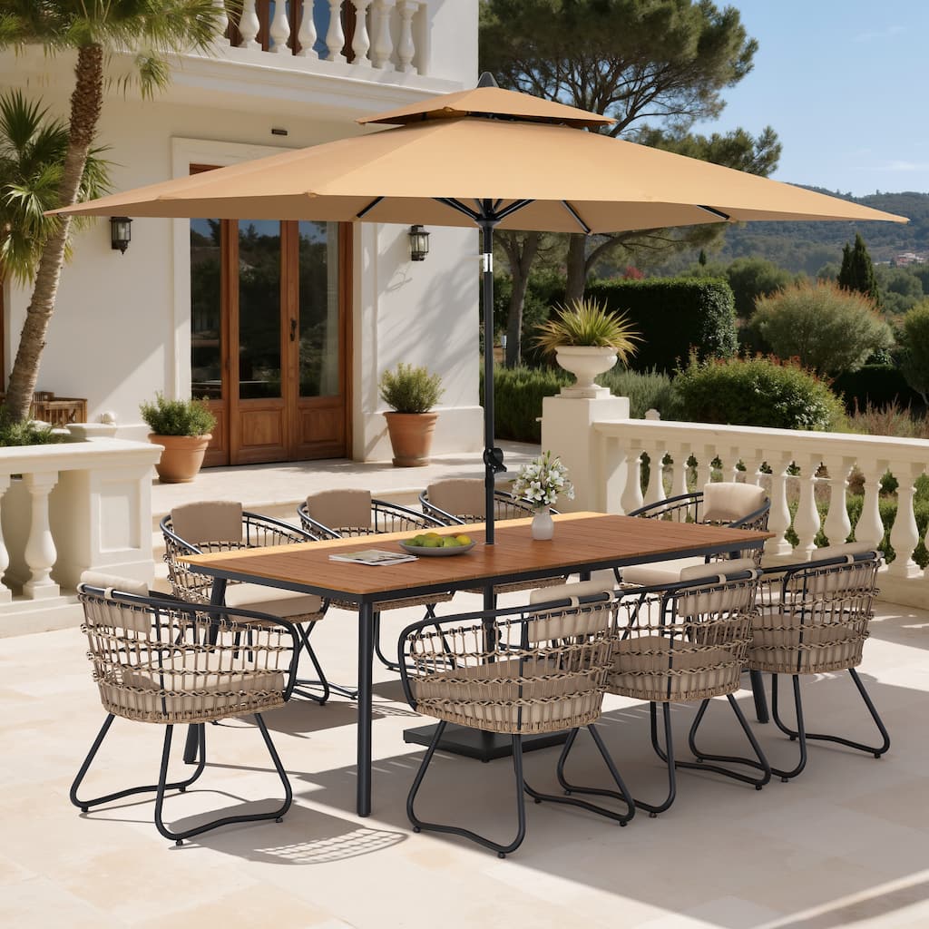 11PC Outdoor Patio Dining Set Aluminum Table with Rattan Chairs w/ Market Umbrella Sets