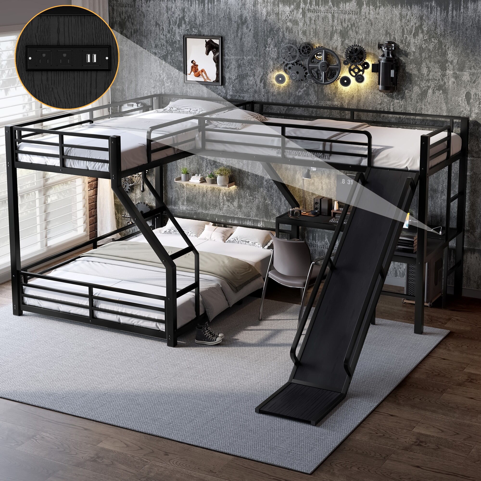 L-Shaped Twin XL over Queen Bunk Bed with Twin Loft, Metal Triple Bunk Bed Frame with Slide and USB Ports, Space-Saving Design