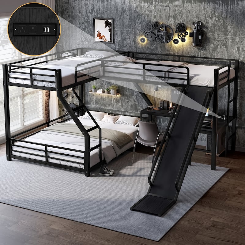 L-shaped Triple Bunk Bed for Esports & Works with Floor Bunk Bed and Loft Bed, Metal Bedframe with Slide and Charging Station - Black - Queen