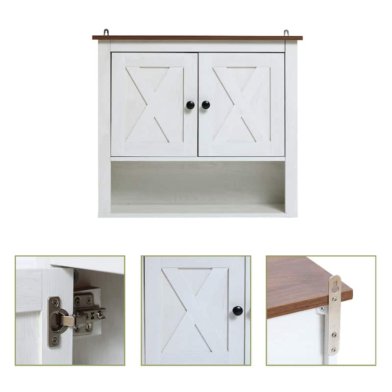 White Manufactured Wood Farmhouse 2-Door Bathroom Wall Cabinet - 20.6" H x 23.6" W x 7.7" D