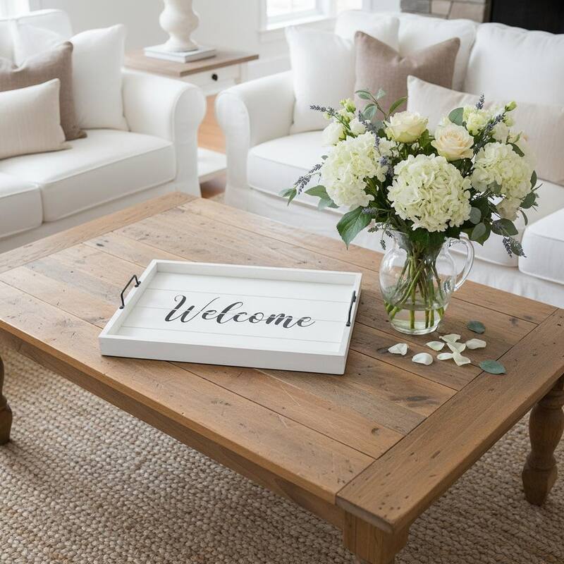 HomeRoots 16" White And Black Welcome Serving Tray With Handles - 15.50 in. x 2.25 in. x 12.00 in. - White/Black - 15.50 in. x 2.25 in. x 12.00 in.