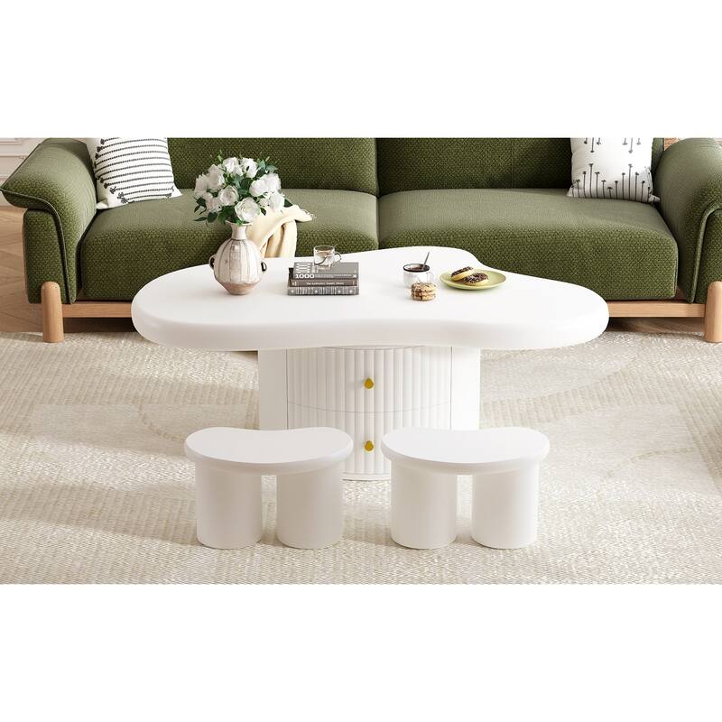 Cloud Coffee Table Set of 3 with 2 Drawers and 2 Small Stools