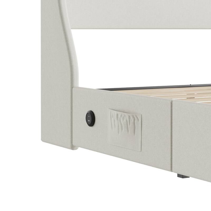 Javlergo Bed Frame with LED Lights and Charging Station Linen Fabric Bed with Drawers Wooden Slats