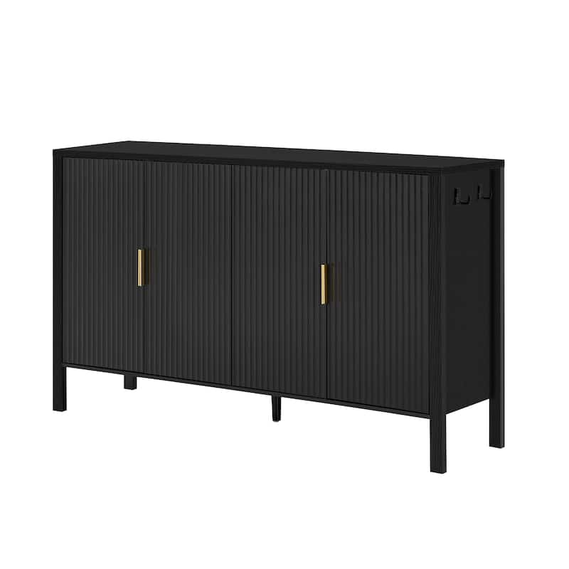 Modern 57.5" Stripe Door Storage Cabinet, 4-Door Sideboard with Back-of-Door Storage Racks & Side Hooks, Adjustable Shelves
