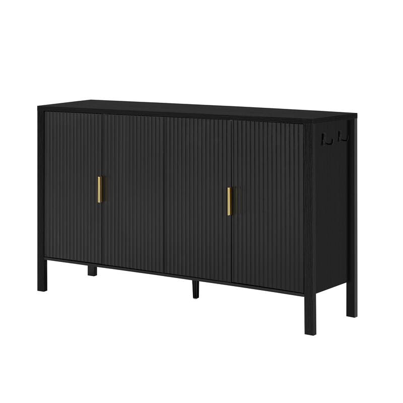 Storage Cabinet with 4 Stripe Door and Side Hooks, Buffet Cabinet Adjustable Shelves & Aluminum Handles for Living Room
