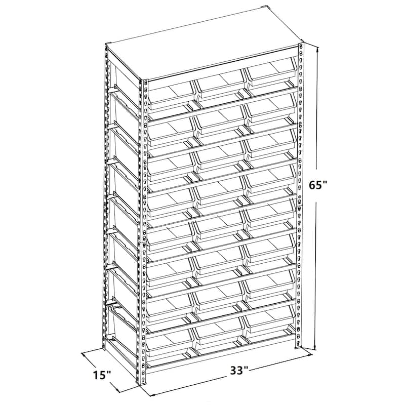 King's Rack Bin Rack Storage System Heavy Duty Steel Rack Organizer Shelving Unit w/ 24 Plastic Bins in 8 tiers.