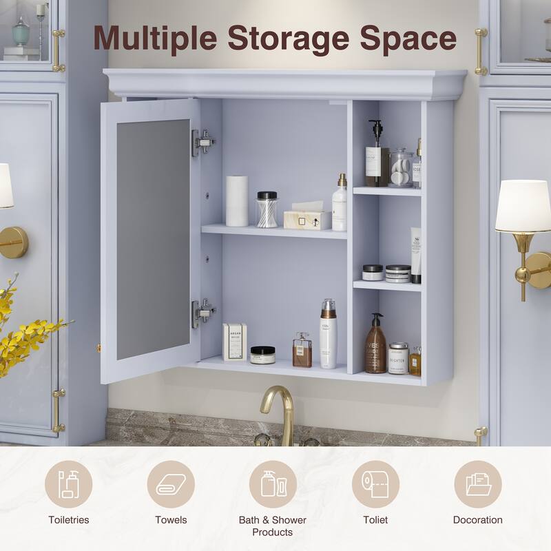 Modern Bathroom Wall Cabinet with Mirror and 6 Open Shelves, 35'' x 28'' Blue Wall Mounted Bathroom Storage Cabinet