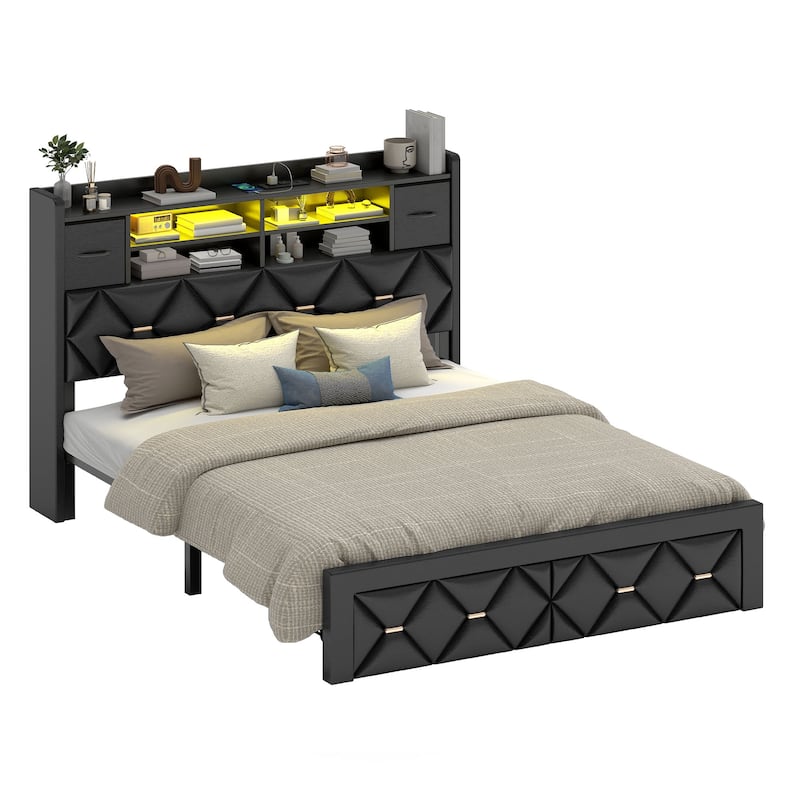 Black Farmhouse Bed Frame Upholstered Headboard Platform Bed with Charging Station - Black - Full