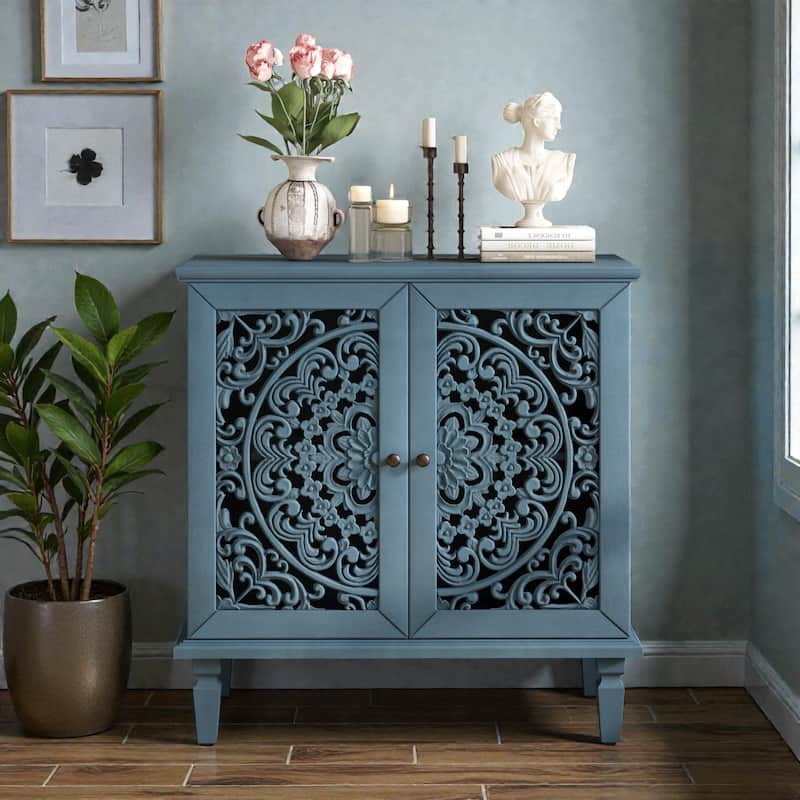 Vintage Hollow-Carved 2-Door Accent Cabinet with Floral Design, Adjustable Shelf and Solid Wood Legs, 31.5'' Sideboard