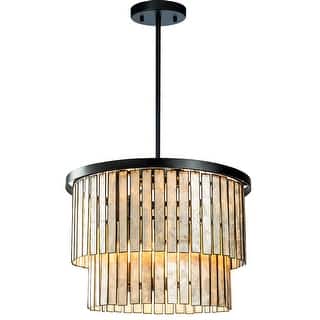 Matte Black Coastal Natural Capiz Round Chandelier 5-Light Modern Pendant Fixture for Living Room and Dining Room - W20"