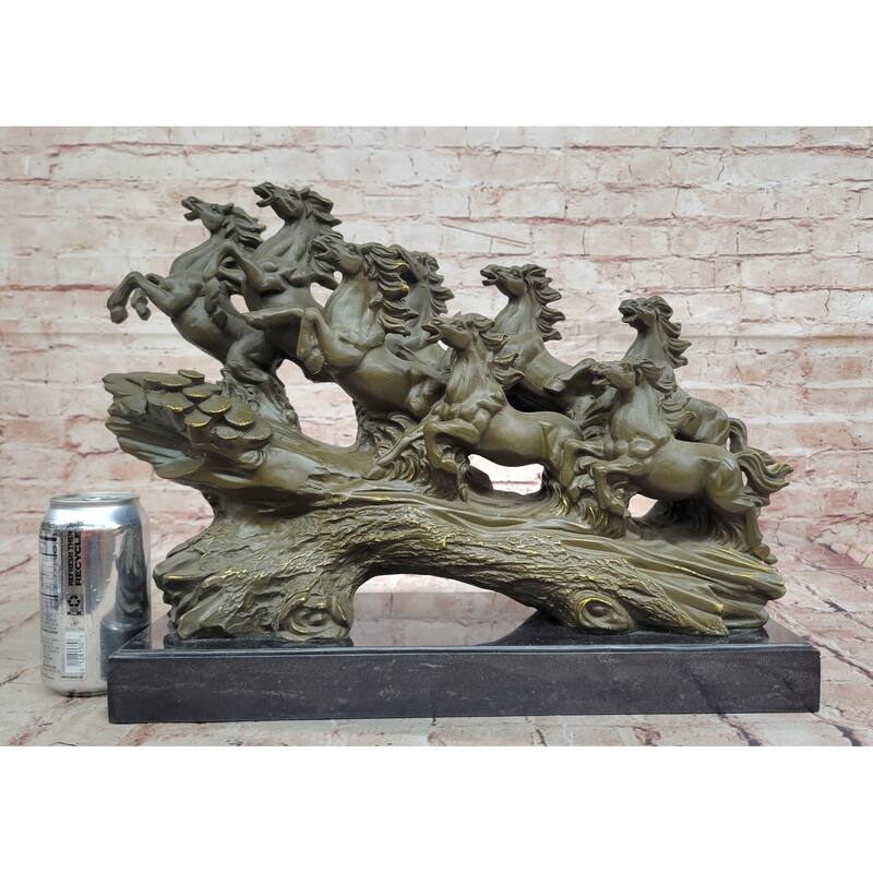 Eight Running Imitative Horses Bronze Sculpture On Marble Base By Milo