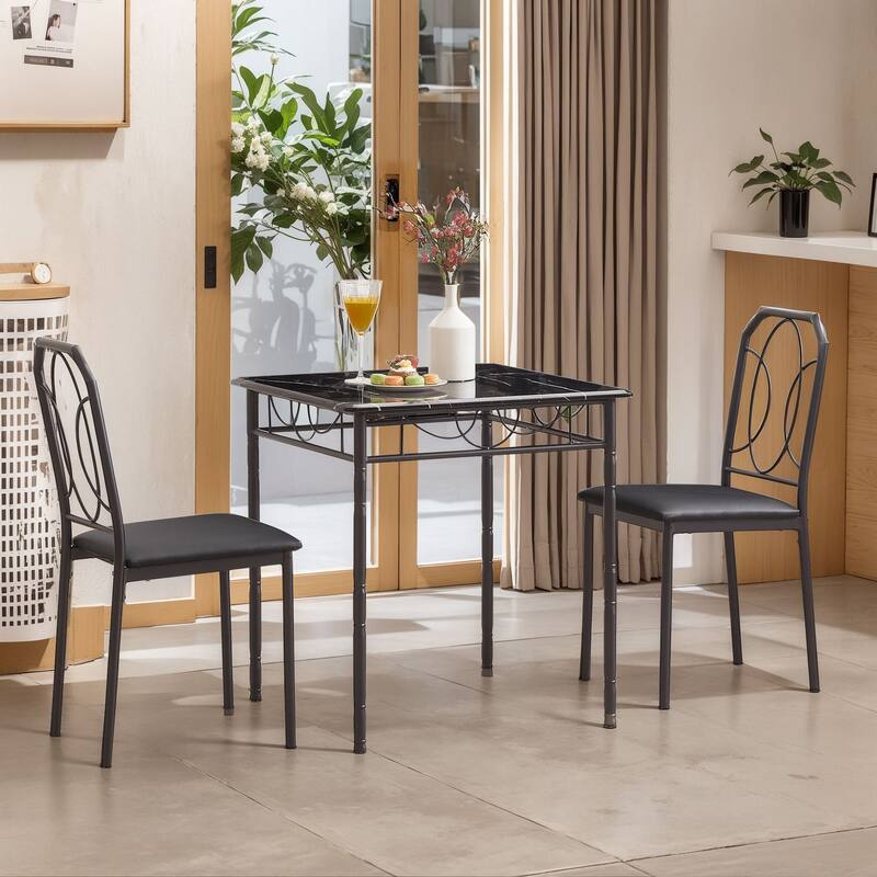 VECELO Industrial 3-Piece Space-Saving Square Dining Set MDF Table with Black PU Leather Dining Chairs Small Spaces