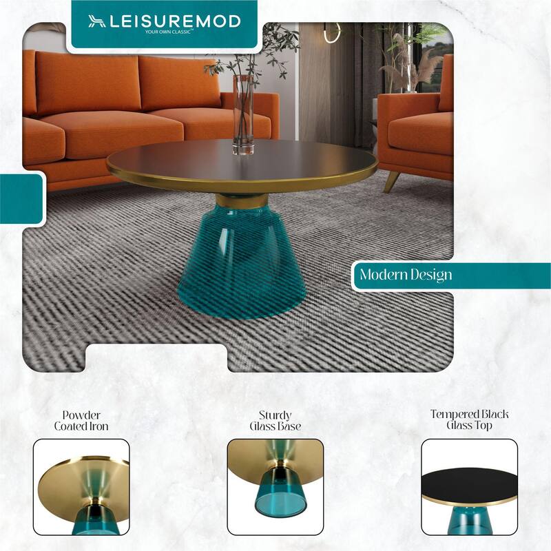 30-Inch Round Coffee Table Glass/Stone Tabletop with Gold Iron Rim Frame Glass Pedestal Base