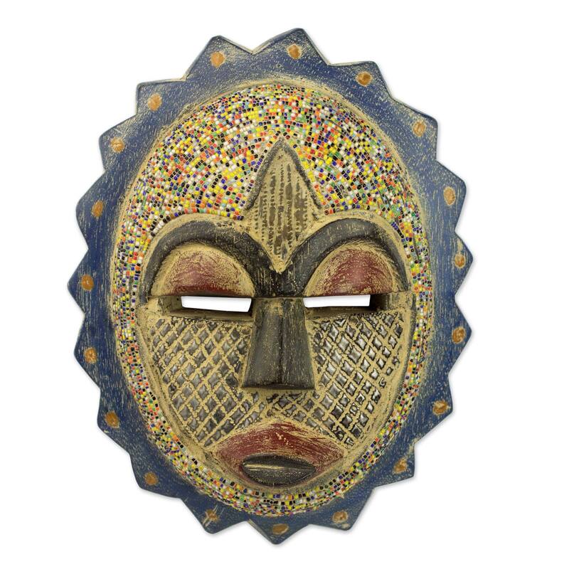 Handmade Speckled Sun Beaded Wood Mask (Ghana) - 10.25" H x 8" W x 2.8" D - Blue