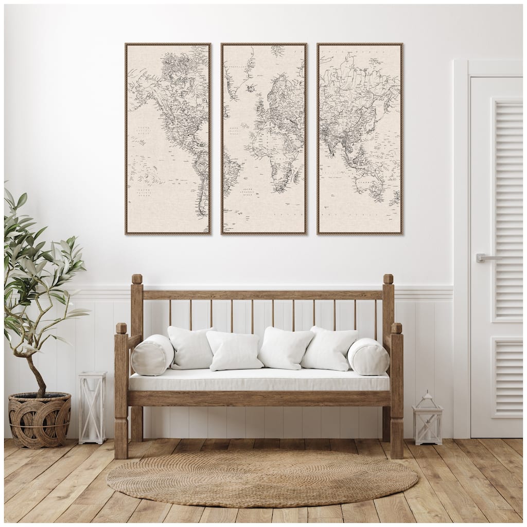 Kate and Laurel Vintage World Map 3 Piece Framed Canvas Wall Art by The Creative Bunch Studio