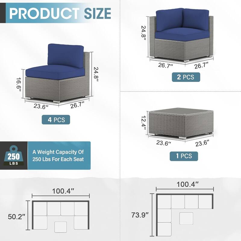 7 Piece Outdoor Patio Furniture Set Grey/Black Wicker Conversation Sectional Sofa Set with Coffee Table and Cushions