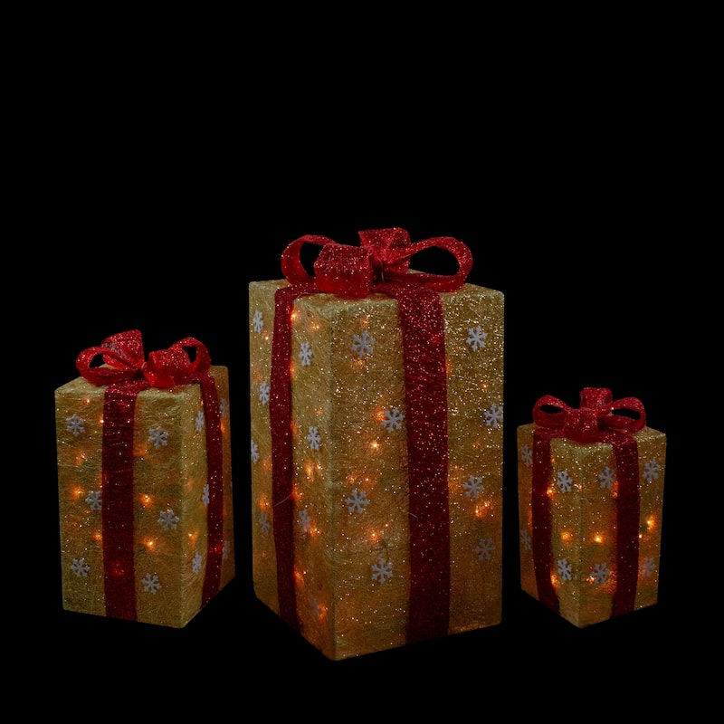3 Lighted Tall Gold Gift Boxes Red Bows Christmas Decorations 18"