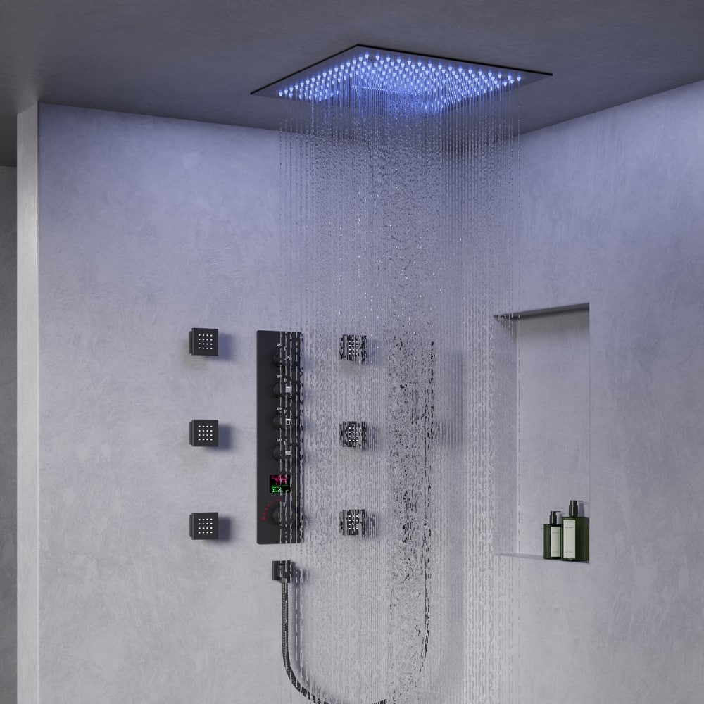 GRANDJOY Luxury LED 16" Ceiling Mount Shower Head Temperature Display Shower System with 6 Body Jets