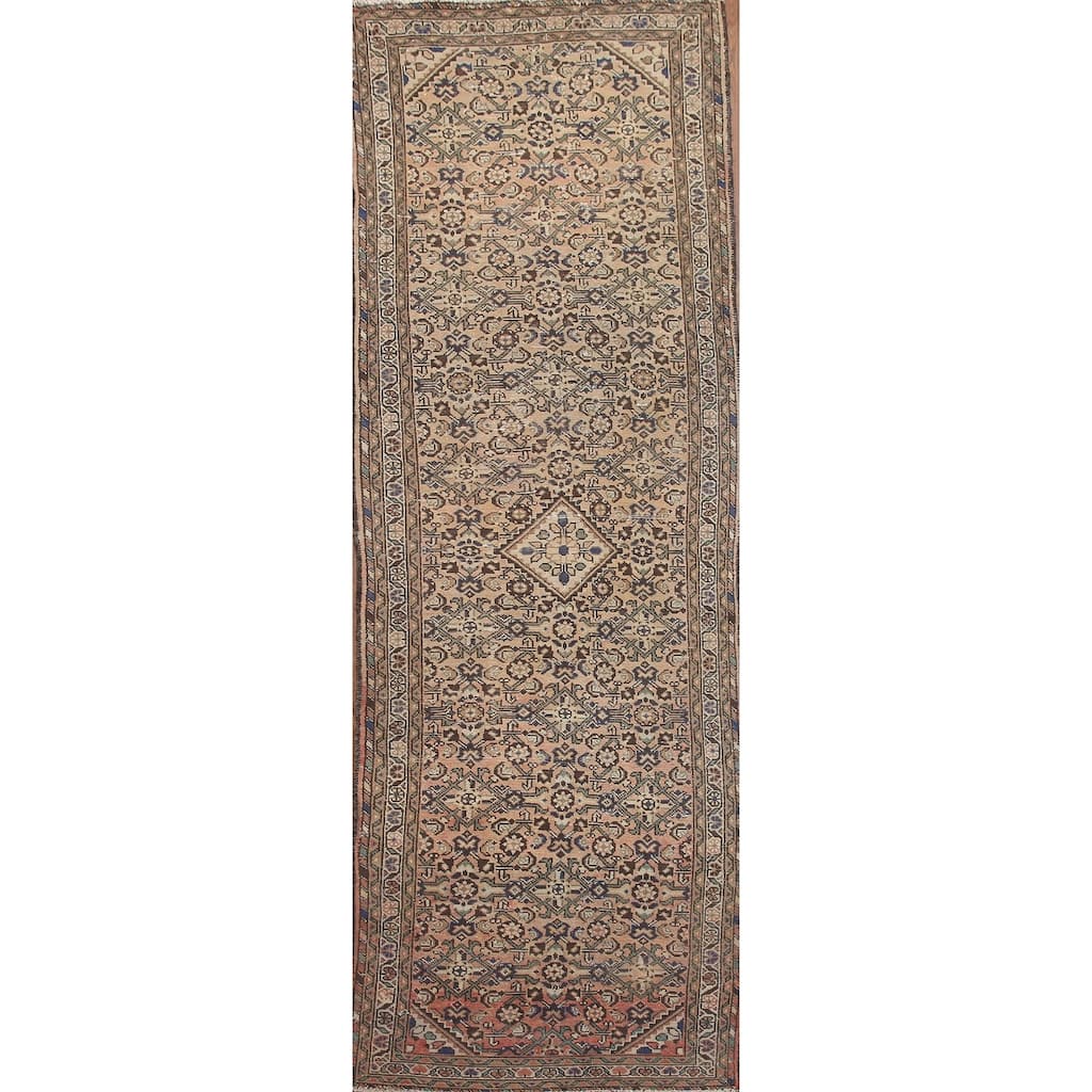 Hand Knotted Oriental 100% Wool Carpet Traditional Geometric Peach Hamedan Runner Rug - 11' 3'' X 3' 6''