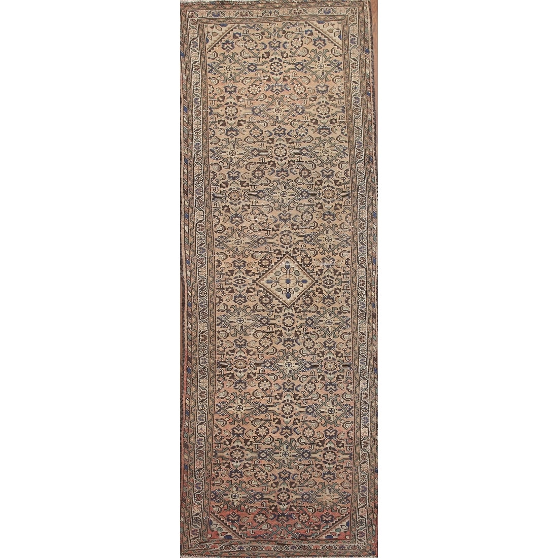 Hand Knotted Oriental 100% Wool Carpet Traditional Geometric Peach Hamedan Runner Rug - 11' 3'' X 3' 6''