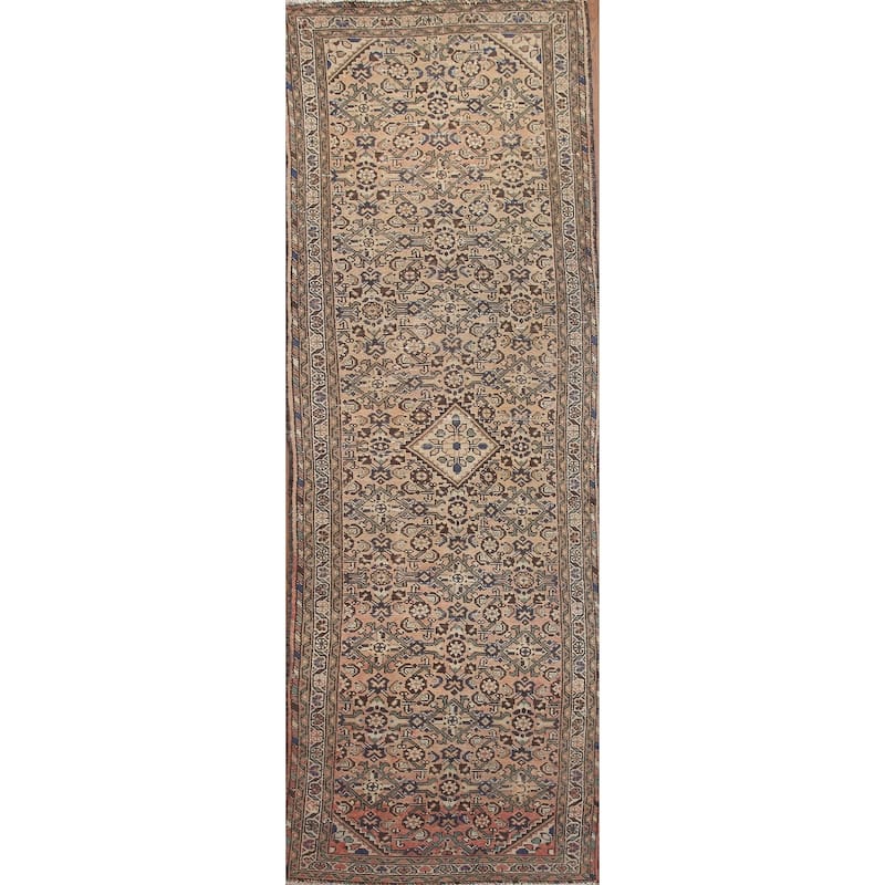 Hand Knotted Oriental 100% Wool Carpet Traditional Geometric Peach Hamedan Runner Rug - 11' 3'' X 3' 6''