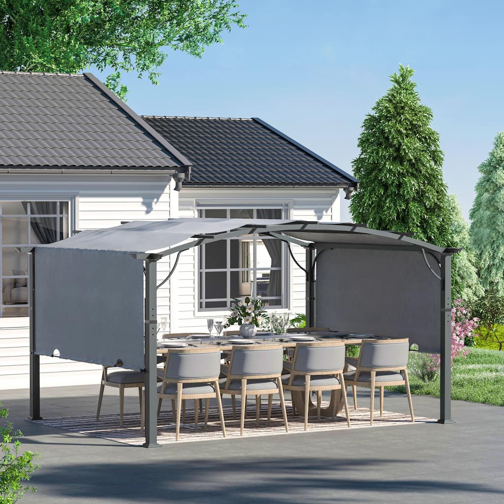 Aluminum Outdoor Pergola with Slightly Arched Canopy and Retractable Shade