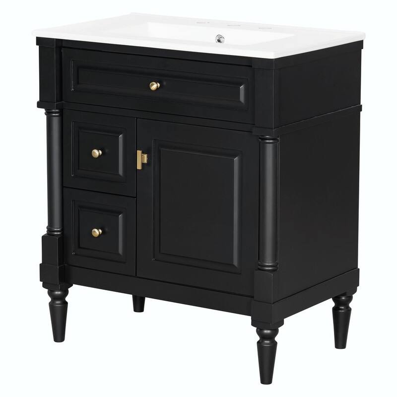36" Bathroom Vanity with Sink, Freestanding Bathroom Cabinet with Ceramic Basin, Flip Drawer - Black - 30''