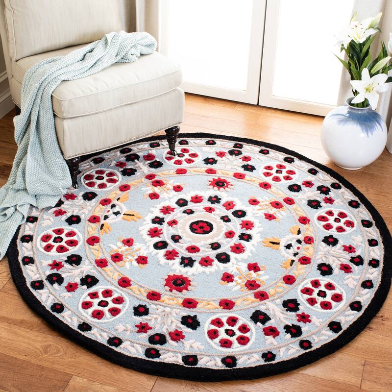 SAFAVIEH Handmade Bellagio Marsela Modern Oriental Wool Rug - 5' Round - Light Blue/Black