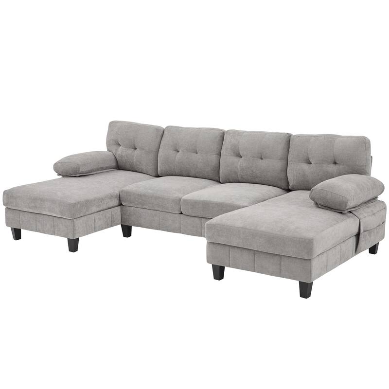 U-Shaped Modular Sectional Sofa with Dual Chaise Lounges, Chenille Fabric Cloud Couch with Storage Pockets & Armrest Pillows