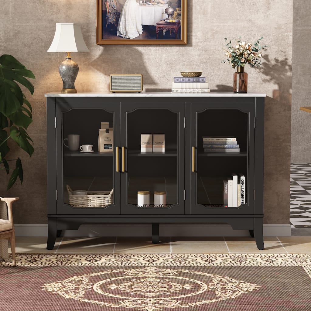 Roomfitters Large 3-Door Sideboard Storage Cabinet with Glass Accents