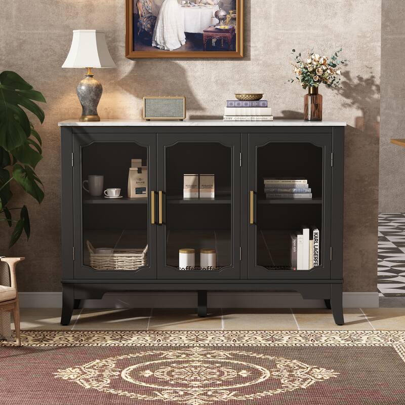 Roomfitters Large 3-Door Sideboard Storage Cabinet with Glass Accents
