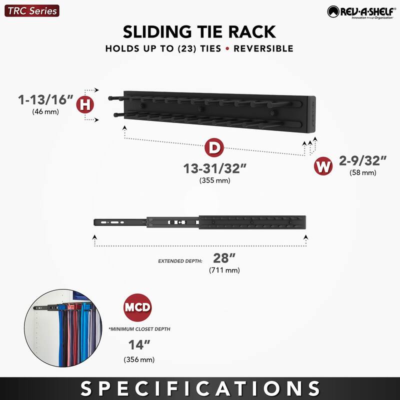 Rev-A-Shelf TRC Series 14 Inch Pull Out Belt and Tie Rack with 25 - Matte Black