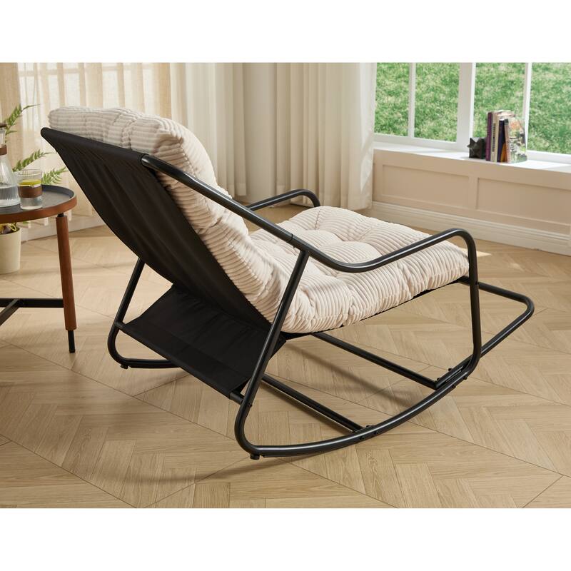 Outdoor Rocking Chair, Comfy Cushion, with Soft Thick Cushion,for Living Room, Reading Room, Black Frame with White Cushion