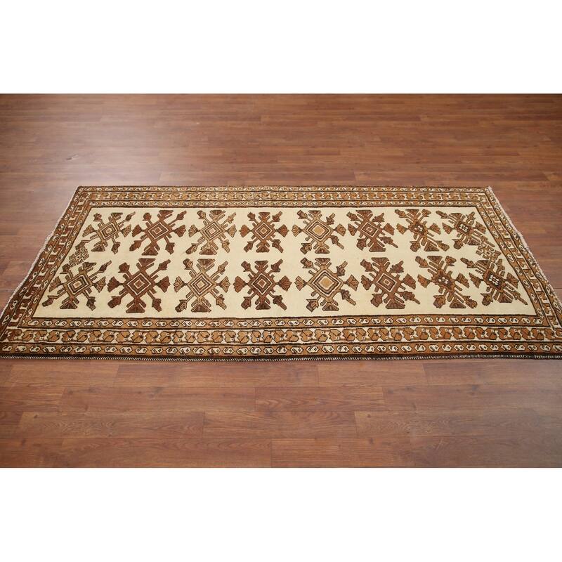 Hand Knotted Oriental 100% Wool Carpet Traditional Geometric Beige & Ivories Balouch Runner Rug - 6' 8'' X 3' 4''