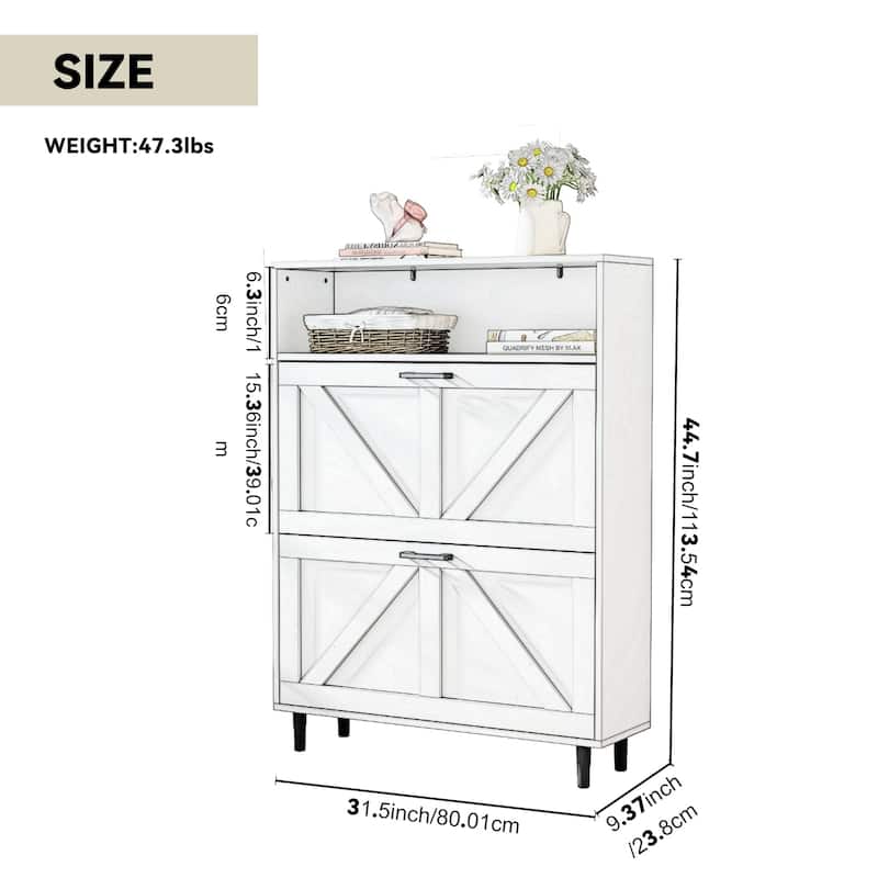 Shoe Storage Cabinet with Barn Door Design,Shoe Organizer with 2 Flip Drawers,Freestanding Narrow Shoe Rack Cabinet