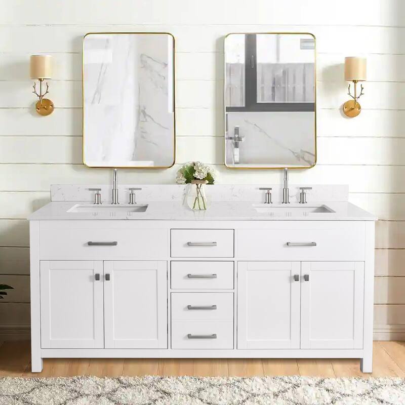 Prismatica Double Sinks Bathroom Vanity 72 in White, Marble Top & Splash