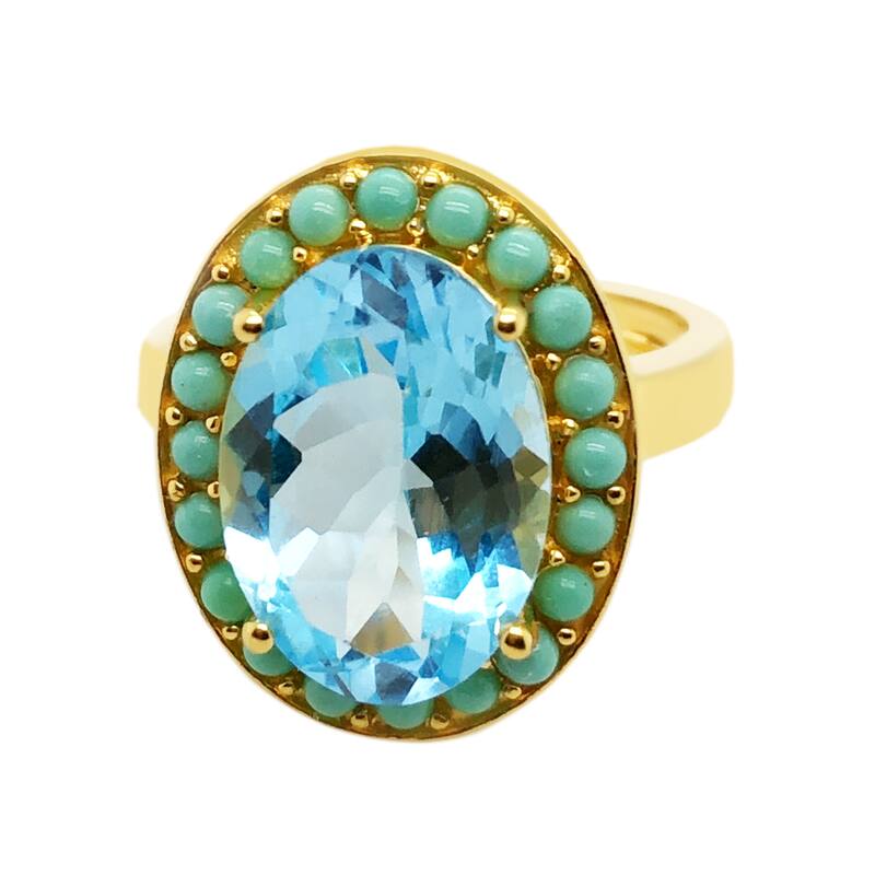 Sterling Silver Over Gold Plated Sky Blue Topaz And Campitos Turquoise Ring
