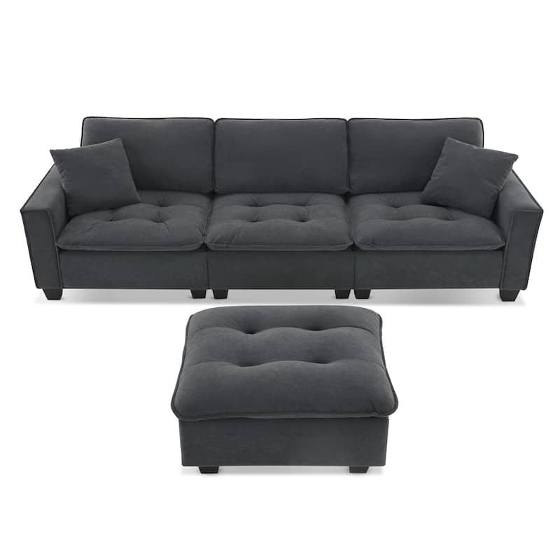 100" L-Shaped Suede Sectional Sofa with Ottoman and Pillows, 4-Seater Sleeper
