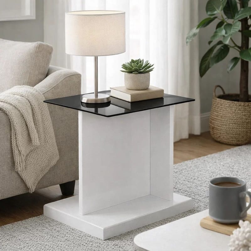 Liam 22 Inch Square Side End Table, White Wood, Pedestal Base, Glass Top