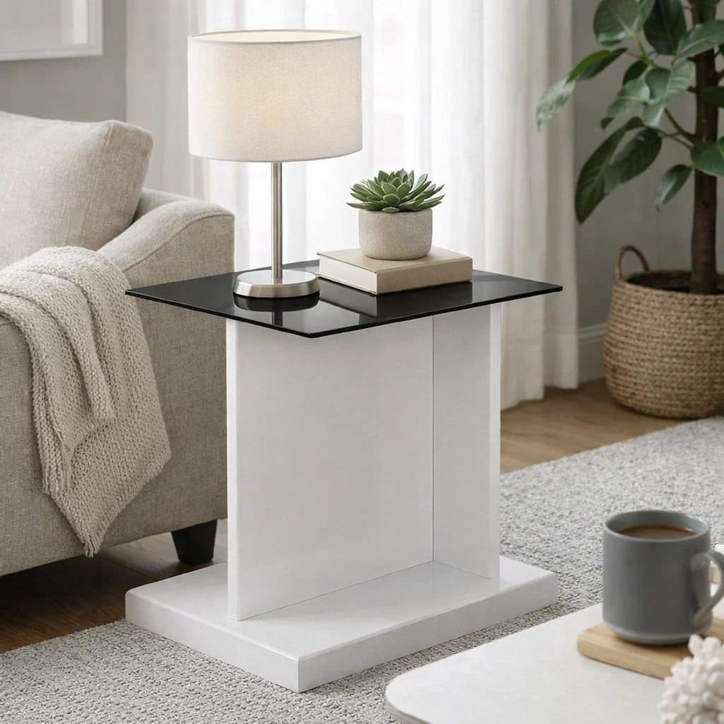 Liam 22 Inch Square Side End Table, White Wood, Pedestal Base, Glass Top