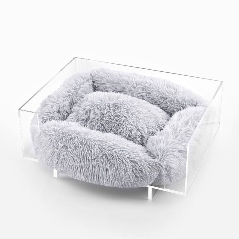 Carole 24" x 18" Small/Medium Modern Lucite Calming Fluffy Pet Bed with Washable Cushion, Light Gray/Clear - Light Gray/Clear